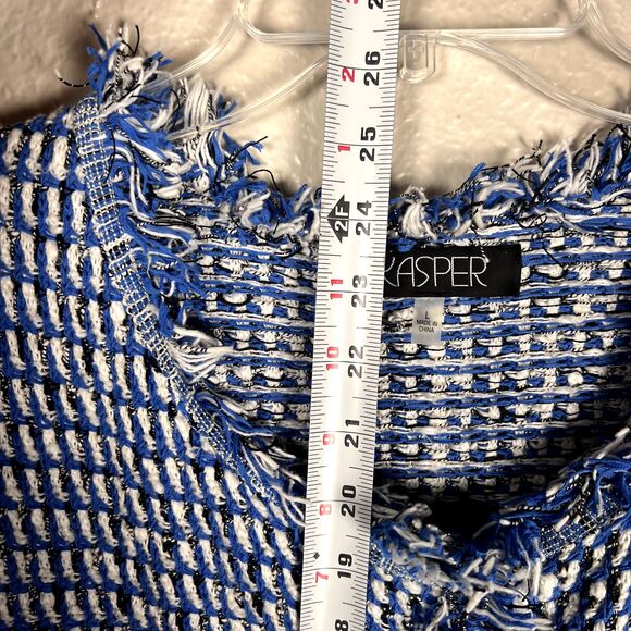 Kasper Sz L Open Cardigan Sweater Cabana Blue White Black Seed Stitch Fringe - Picture 12 of 12